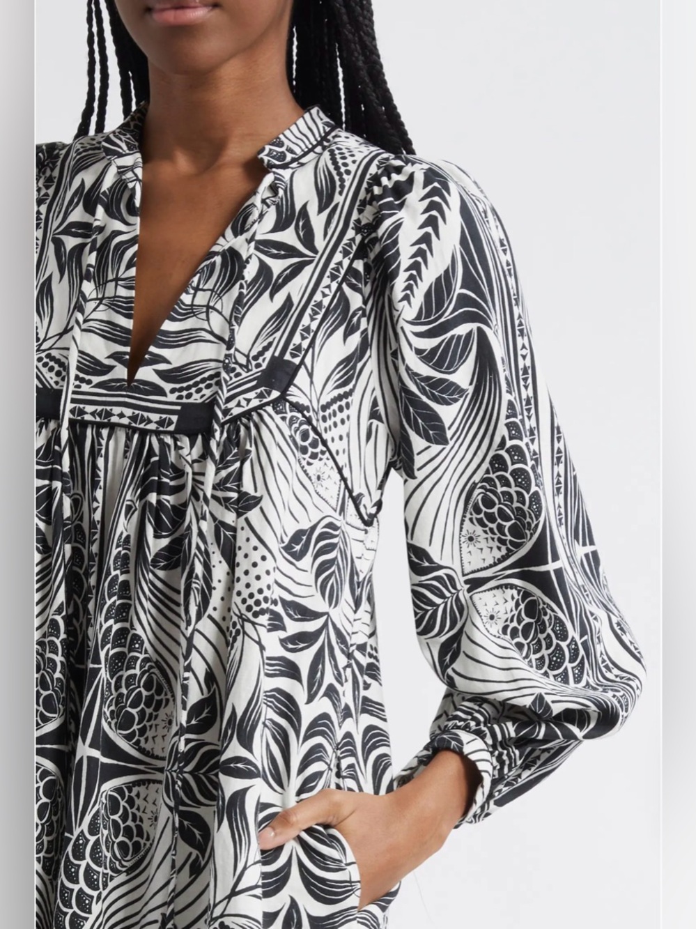 FARM Rio Monochrome Elegance Print Long Sleeve Linen Blend Minidress size XS